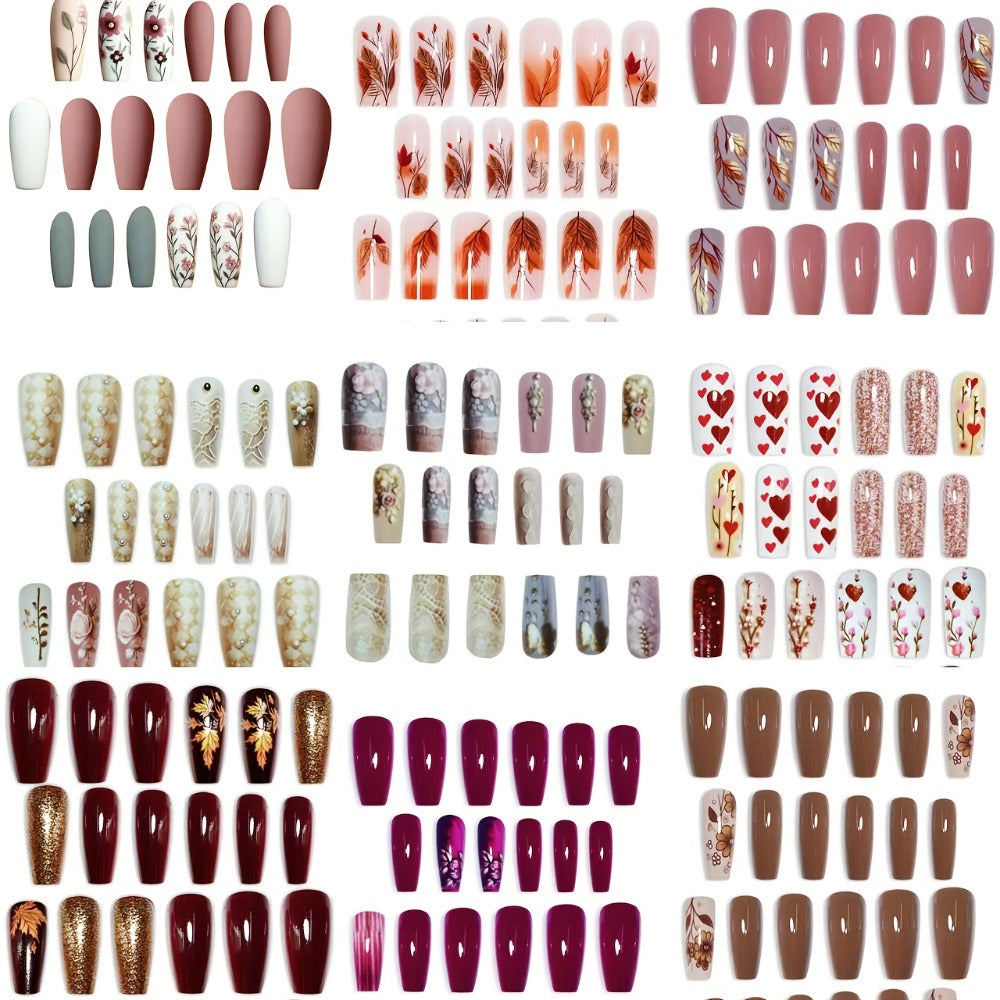 Press On Nails 216-Piece Middle Ballet Nine-Pack Mixed Flower Maple Glossy Set with Jelly Adhesive and File — image 3