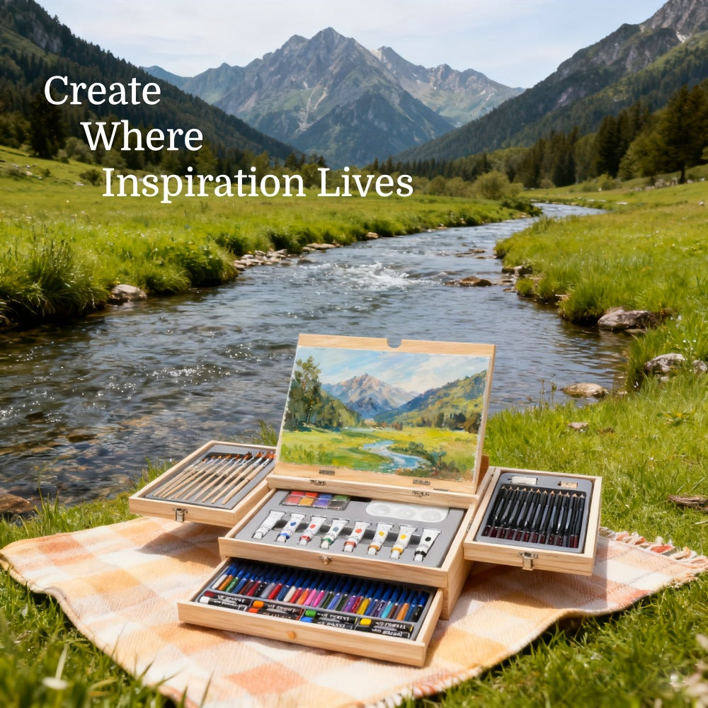 85-Piece Mixed-Media Art Set with Wooden Tabletop Easel, Paints, Pencils, Brushes and Paper Pads — image 3