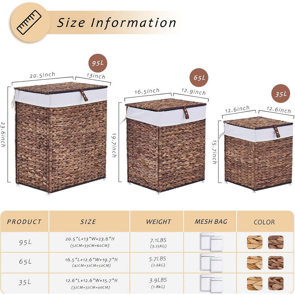 Laundry Basket with Lid & Handles – Handwoven Water Hyacinth Wicker Hamper, Removable Cotton Liner — image 6