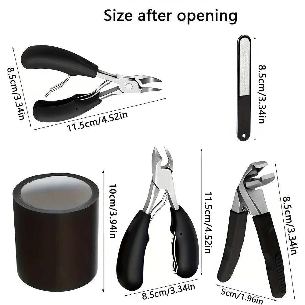 Angled Nail Clipper Set, Four Black-Handle Clipper Tools with Curved Jaws, File and Round Accessory — image 4