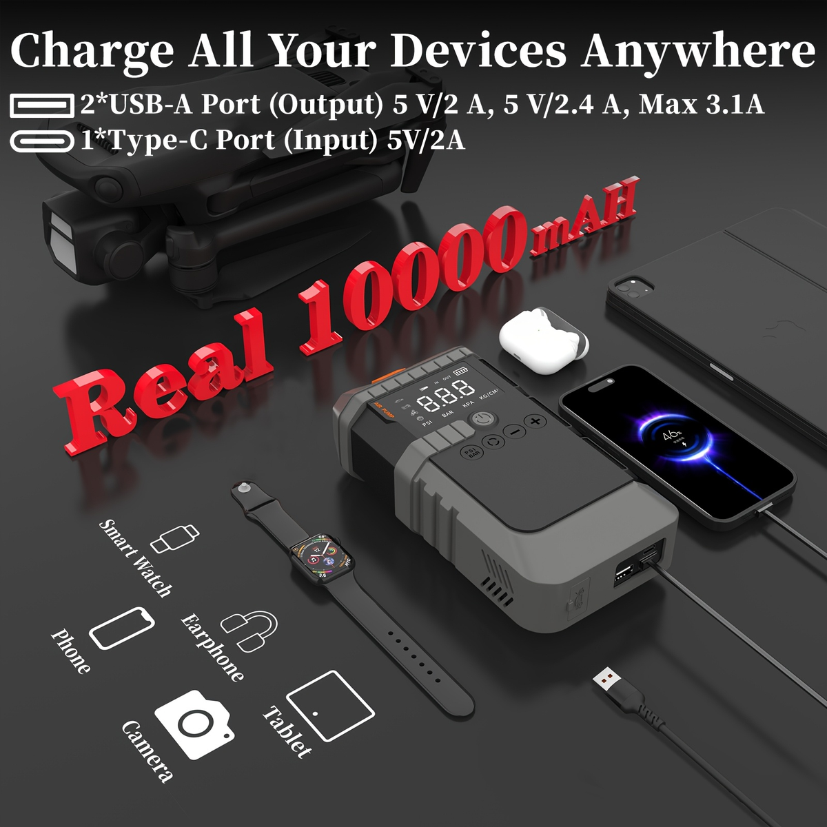 Jump Starter Power Bank 10000A 4-in-1 with 150 PSI Air Compressor LED Emergency Light USB Charging for Garden, Patio and Yard