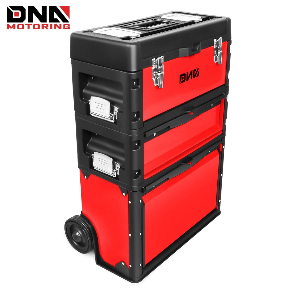 Rolling Tool Box 3-Tier Stackable Portable Toolbox with Wheels 19.5x12x28.5 Inch Steel PP 3-in-1 Detachable Compartments Meta