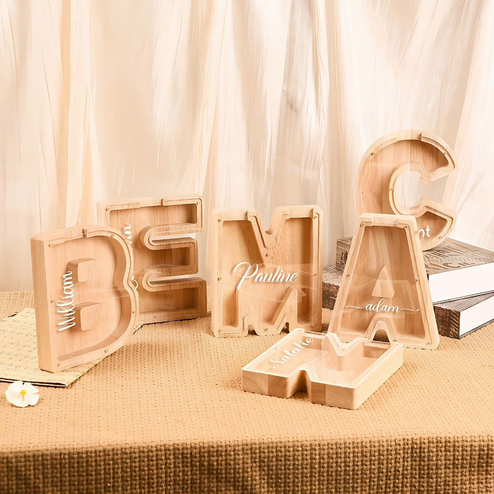 Wooden Alphabet Letter Piggy Bank – Personalized Coin Bank for Kids Boys & Girls | Cute Money Saving Box Birthday Gift for Ch