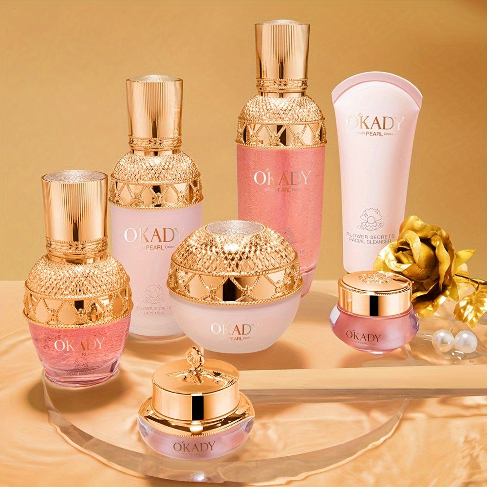 7-Piece Pearl-Themed Skincare Gift Set with Coordinated Facial-Care Bottles and Jars in a Fitted Box — image 1