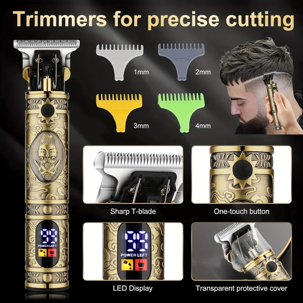 Cordless Hair Clipper & Trimmer Kit for Men – Professional Rechargeable Grooming Set, Golden Edition, Wireless Fade Clipper w