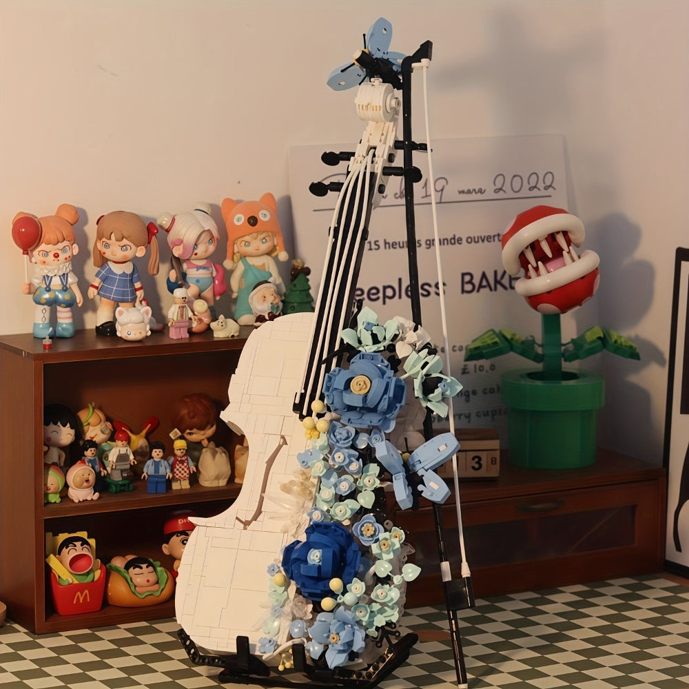 1419-Piece Flower Violin Building Block Model with Brick-Built Stand, Blue Blooms and Panel Detail — image 12