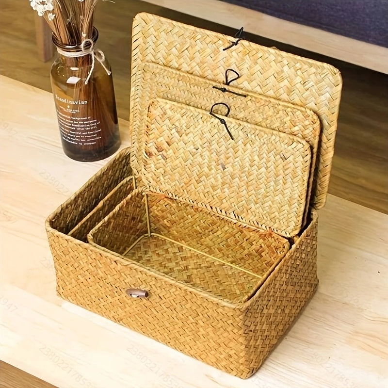 Rattan Storage Baskets Set of 3 with Lattice Lids and Label Holders in Graduated Sizes for Home Organization — image 1