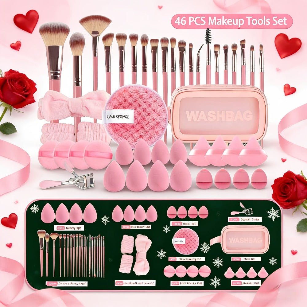 Makeup Brush Set, 46-Piece Nylon Bristle and ABS Handle Kit with Triangle Puff, Foundation Puff and Face-Eye Tools — image 1