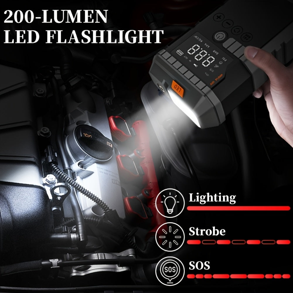 Jump Starter Power Bank 10000A 4-in-1 with 150 PSI Air Compressor LED Emergency Light USB Charging for Garden, Patio and Yard