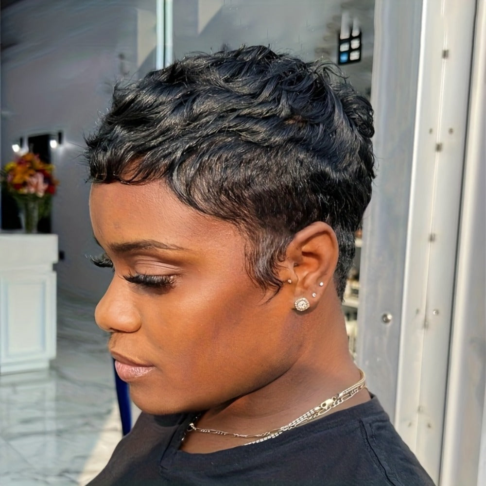 Brazilian Human Hair Pixie Cut Wig 150% Density Short Straight Machine Made Rose Net Cap Glueless Natural Black 4 Inch | Begi