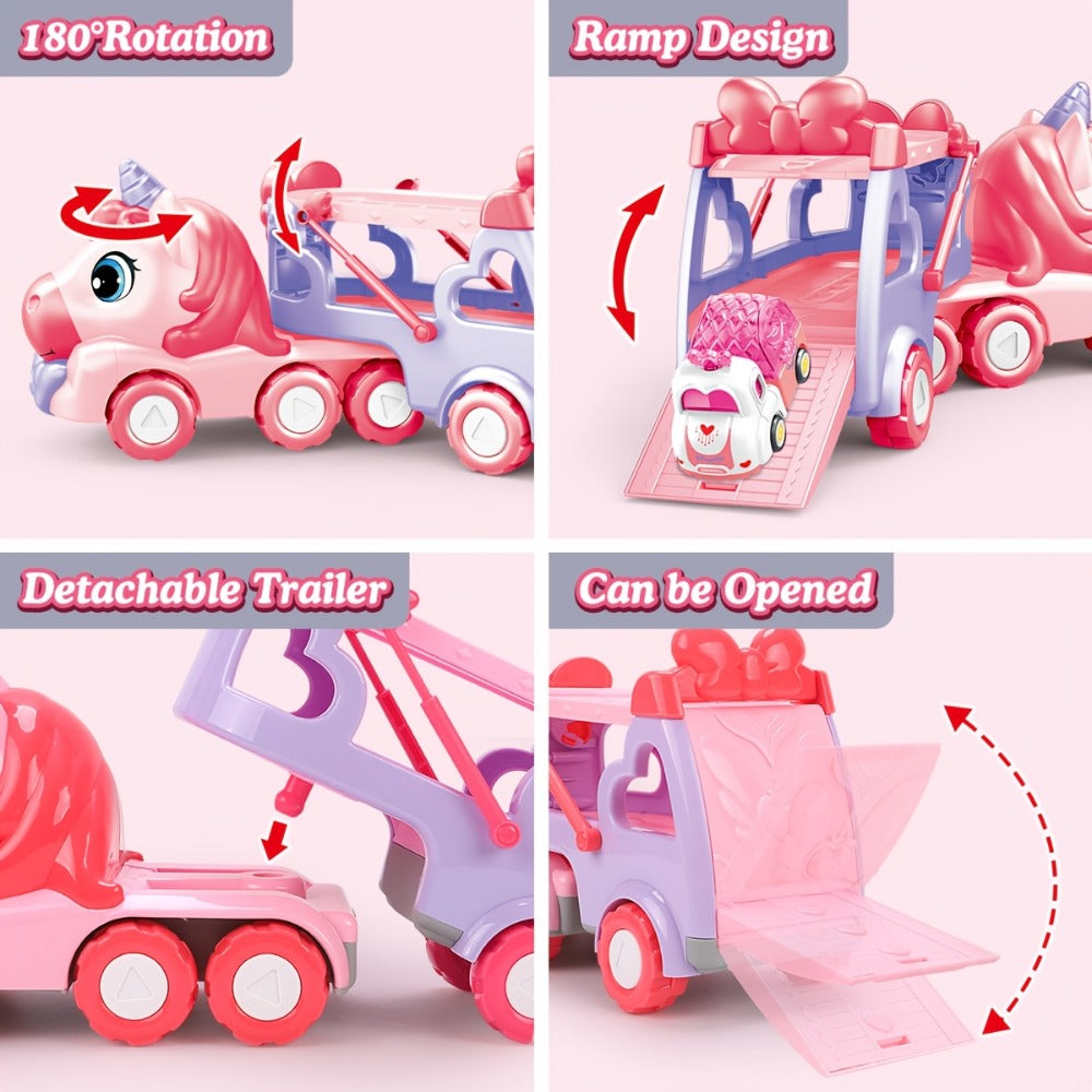 Pink Carrier Truck Toy with 4 Mini Cars, Music & Lights, Battery Powered Pull-Back Transport Vehicle for Girls Boys Ages 3+ —