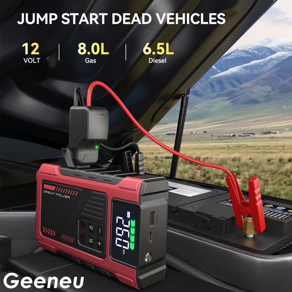 Portable Jump Starter 9-in-1 with Air Compressor – 12V Car Battery Booster for 8.0L Gas & 6.5L Diesel, USB-C, LED Emergency L