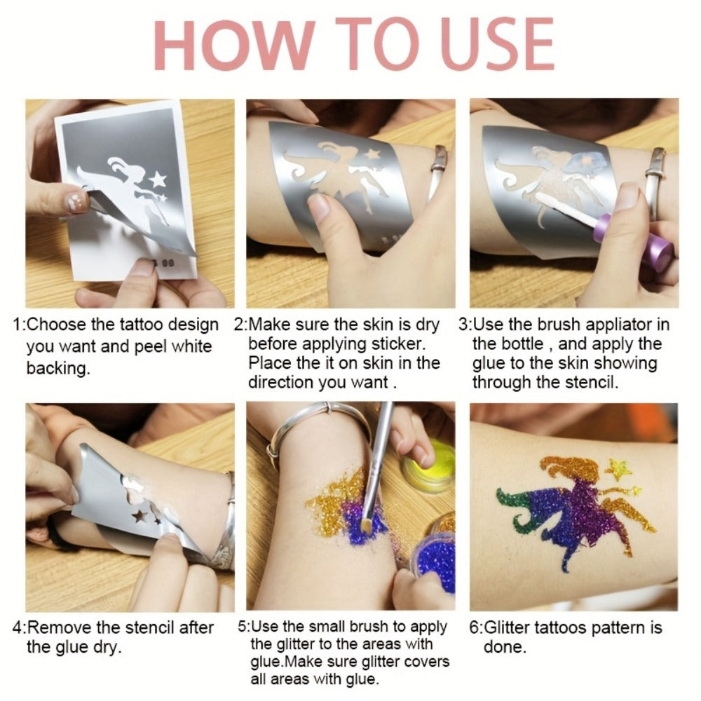 Glitter Tattoo Kit for Kids & Adults, 14 Stencil Sheets 6 Metallic Colors Skin-Safe Body Glue 2 Brushes — image 3