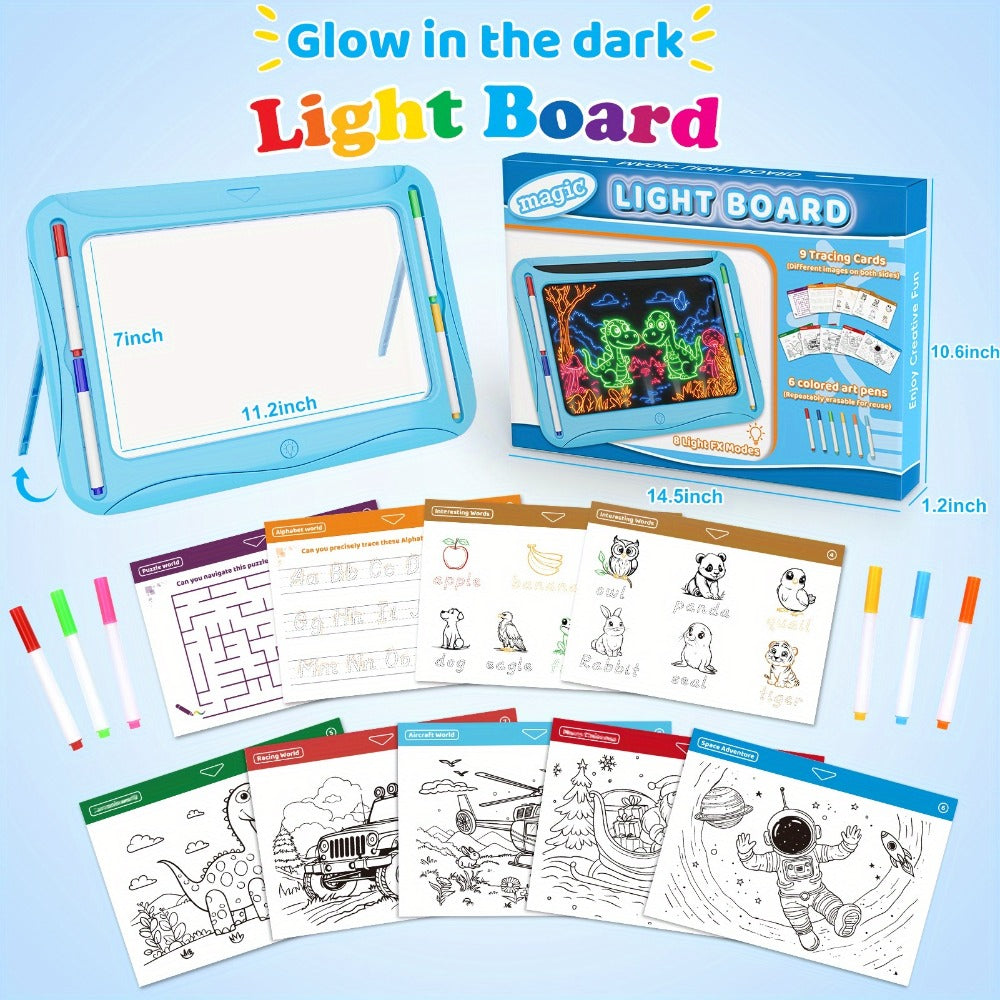 LED Light Up Drawing Board for Kids, 9 Double-Sided Tracing Cards 6 Markers Glow Doodle Travel Art Toy for Girls Boys Ages 3-