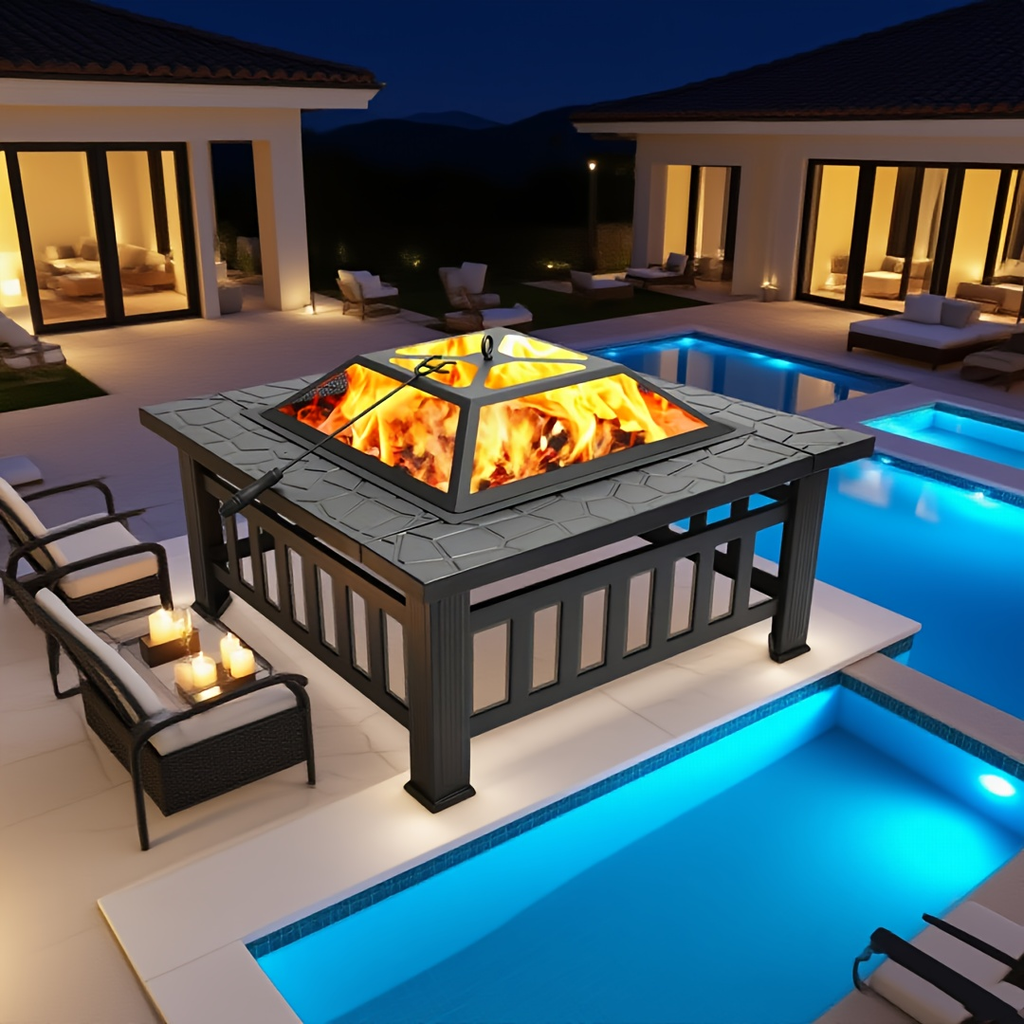 Black Square Fire Pit Table with Raised Mesh Cover, Perforated Side Panels and Wood-Burning Bowl — image 4