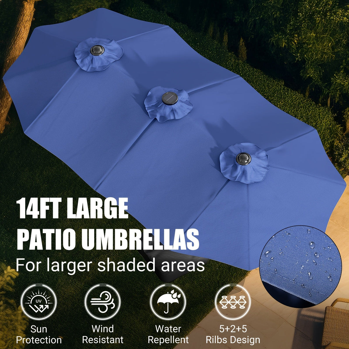 Patio Umbrella 15x7.5FT Double-Sided Style with Crank and Four Blue, Red, Khaki or Lake-Blue Options — image 5