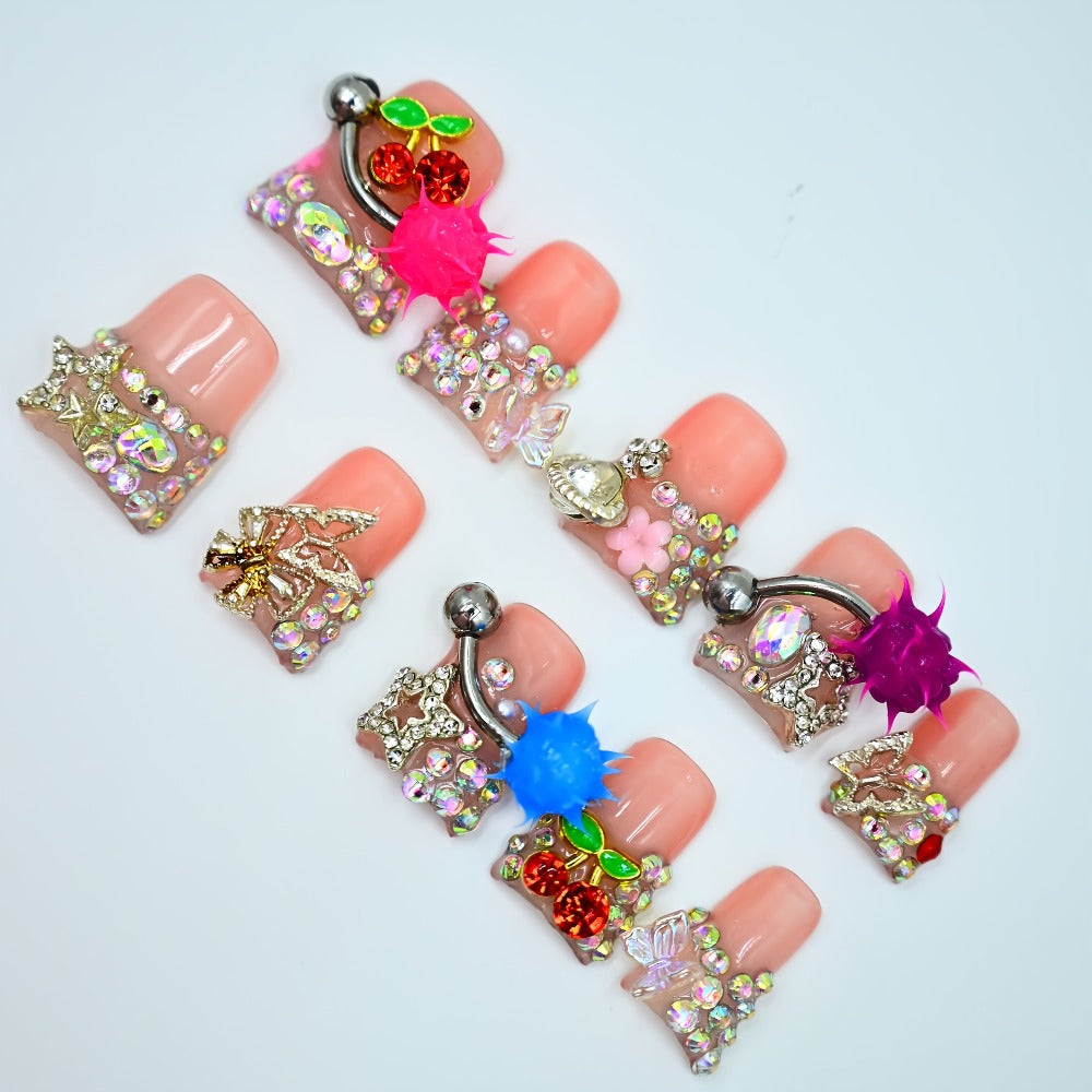 Press On Nails Handmade Y2K Duckbill Set with 3D Eye Barbell Star Rhinestone Charms and S M L Sizes — image 13