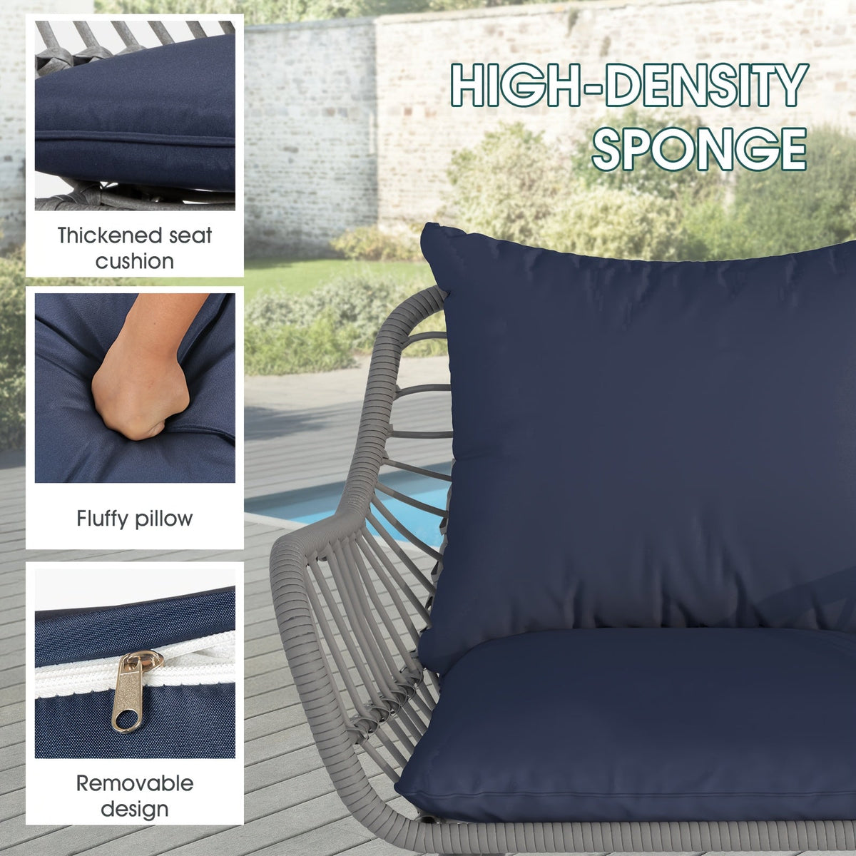 Five-Piece PE Rattan Patio Set with Two Chairs, Two Footstools, Round Glass Table and Gray-Blue Cushions — image 4