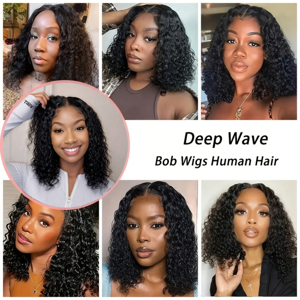 Lace Front Wig Deep-Wave Human Hair Bob, 12-Inch 1B or Natural Black with 4x4 Closure and 22.5-Inch Cap — image 4
