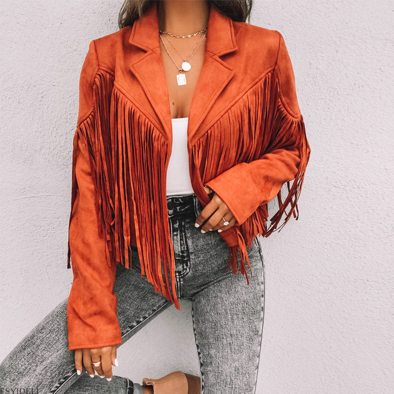 European And American Women's Clothing Jacket Leather Coat Deerskin Velvet Elegant Lapel Tassel Short Coat For Women Autumn And Winter New