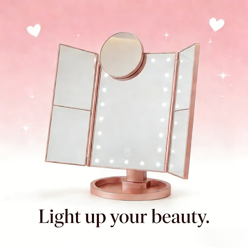 Vanity Mirror with Lights Tri-Fold 21 LED Lighted Makeup Mirror Touch Control 1X 2X 3X 10X Magnification 360 Rotation Dual Po