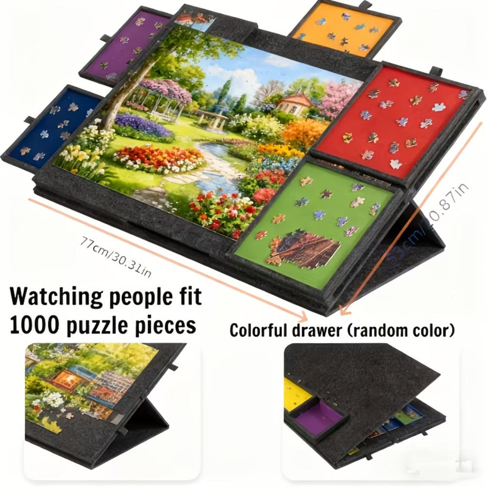 Dark-Gray Tilting Puzzle Board with Six Colored Drawers, Folding Stand and 1000-Piece Label — image 3