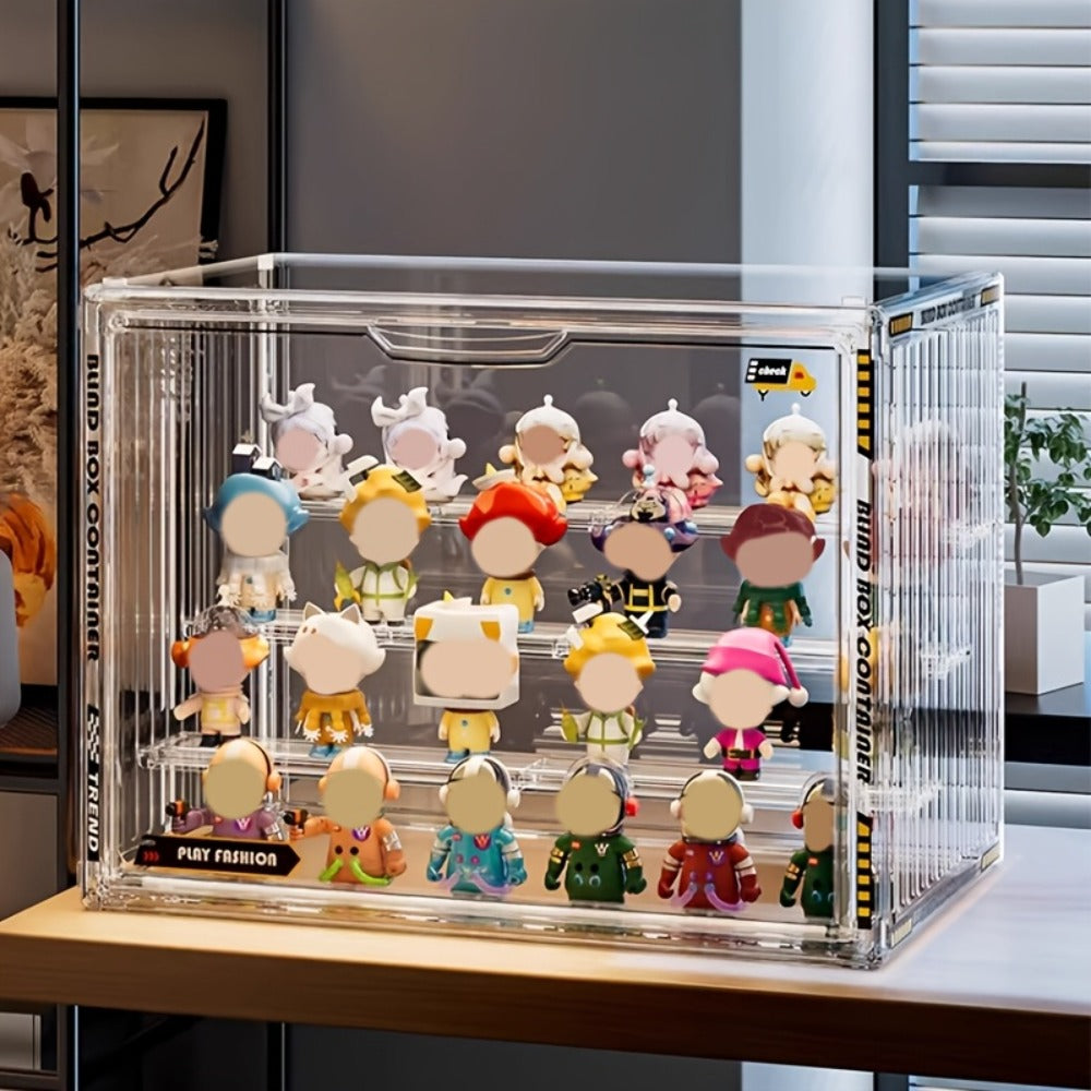 Acrylic Display Case for Figures 3 & 4 Tiers with Adjustable Dividers – Clear Dust-Proof Showcase Box with Magnetic Door for 