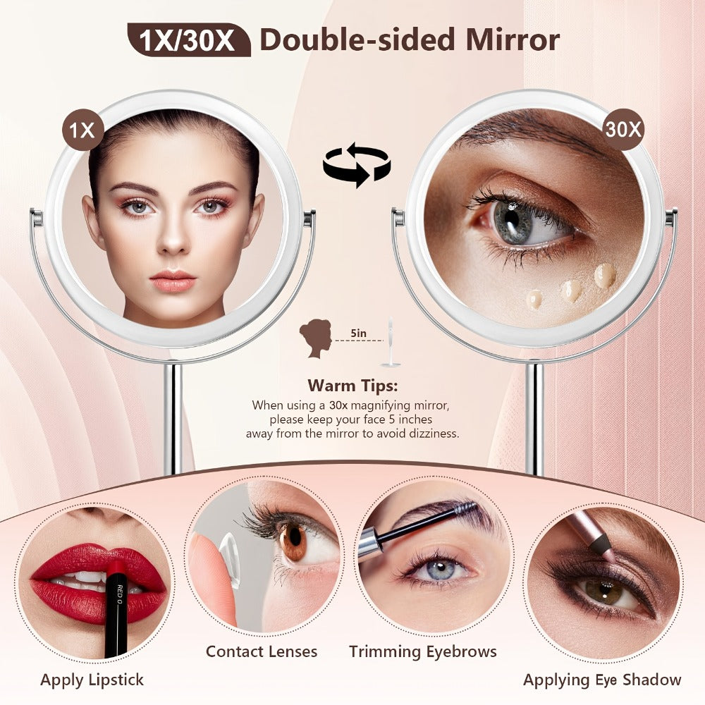 Makeup Mirror Dual-Sided 1X and 30X Round Chrome-Finish Stand with 360° Rotation and Detachable Frame — image 3