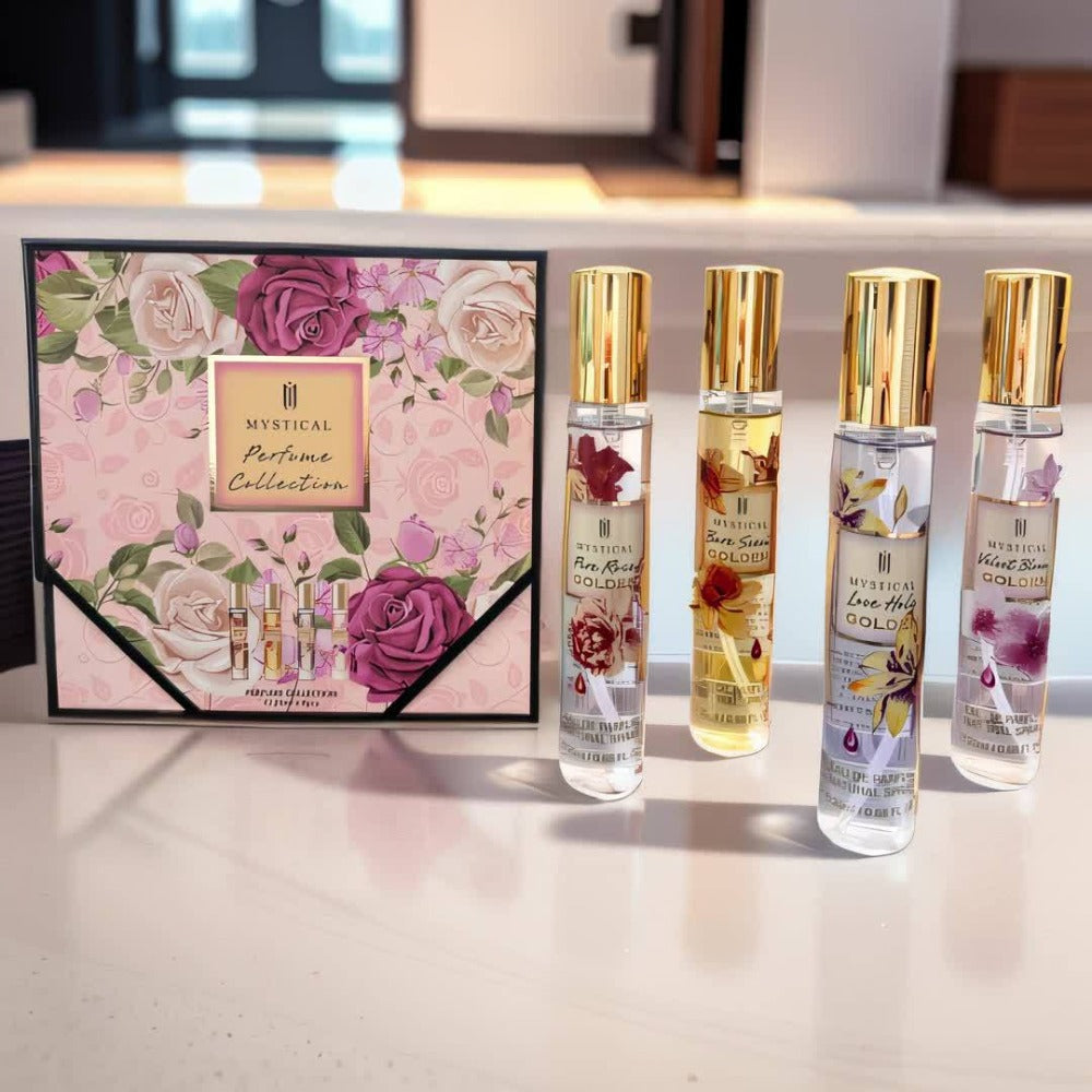 Perfume Gift Set Four 20ml Slim Spray Bottles with Gold Caps in Pink or Botanical Hinged Boxes — image 11