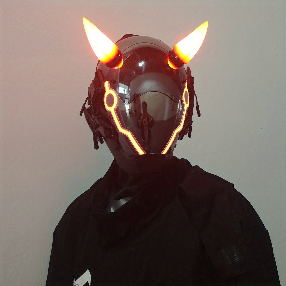 Pink LED Cyberpunk Costume Mask with Horned Full-Face Helmet, Reflective Visor and Lighted Accent Lines — image 14