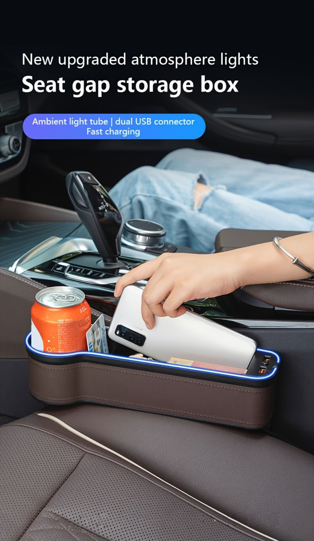 Black Lighted Seat-Gap Car Organizer with Phone Slot, USB Ports and Driver, Passenger or Pair Options — image 11