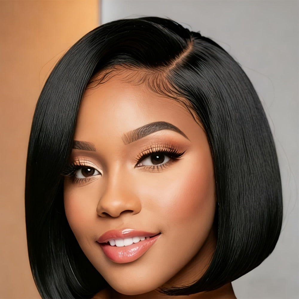 Lace Front Bob Wig Human Hair T Part 13x4 Pre-Plucked 180% Density Straight Side Part Natural, for Home, Travel and Salon Hai