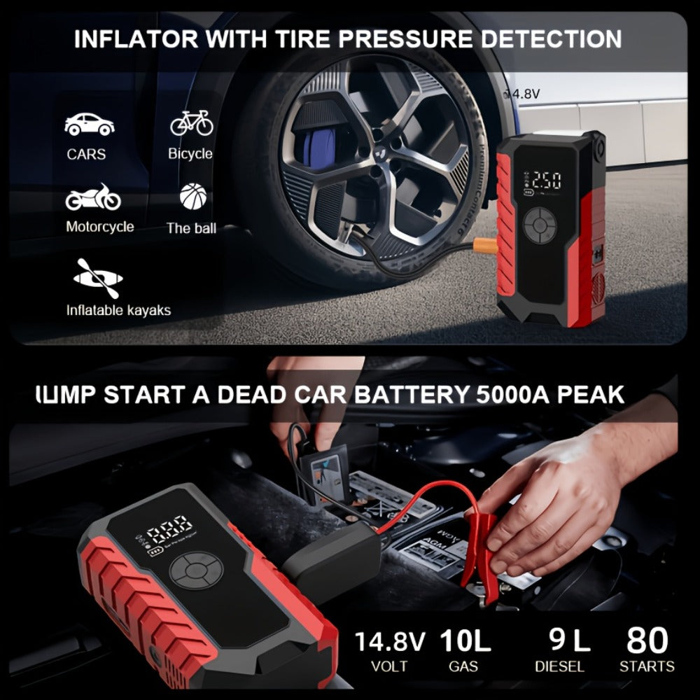 5-in-1 Jump Starter 5000A Peak – 10000mAh Power Bank, 150PSI Air Inflator, Type-C & LED Emergency Light for 12V Gas & Diesel 