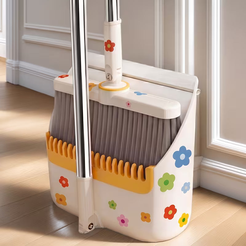 Upright Broom and Dustpan Set with Comb Teeth and Long Handle