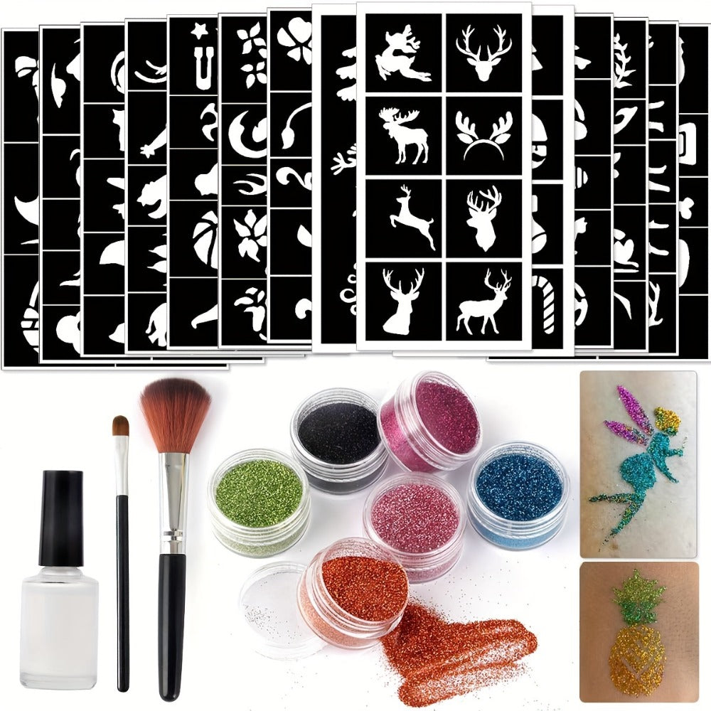 Glitter Tattoo Kit for Kids & Adults, 14 Stencil Sheets 6 Metallic Colors Skin-Safe Body Glue 2 Brushes — image 2