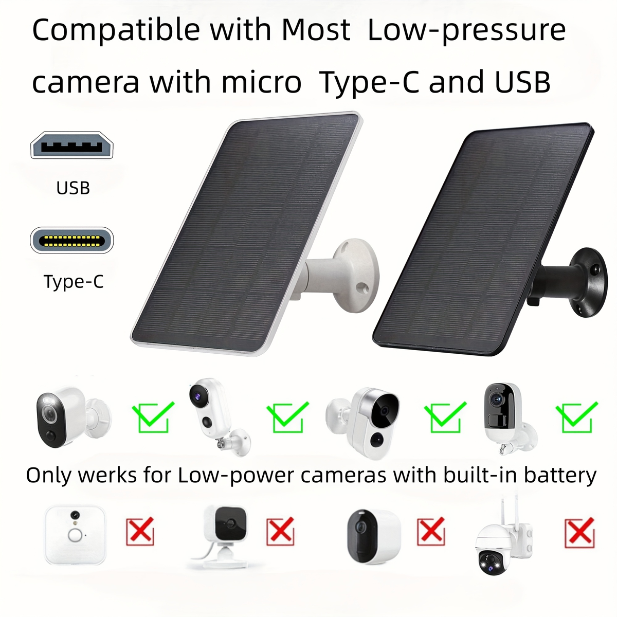 Solar Panel Charger for Security Camera 7W 360° Adjustable USB-C Micro USB Outdoor Continuous for an Everyday Personal Care R