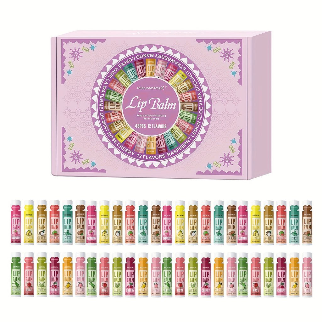 Lip Balm Gift Set 48pcs MISS FACTORX – Moisturizing Glycerin Lip Butter, Hypoallergenic Natural Finish for All Skin Types — i