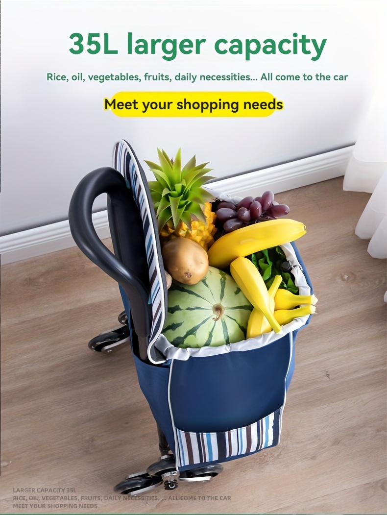 Stair Climbing Shopping Cart with Detachable Hand Truck, Foldable Grocery Trolley with Spacious Polyester Bag for Home Market
