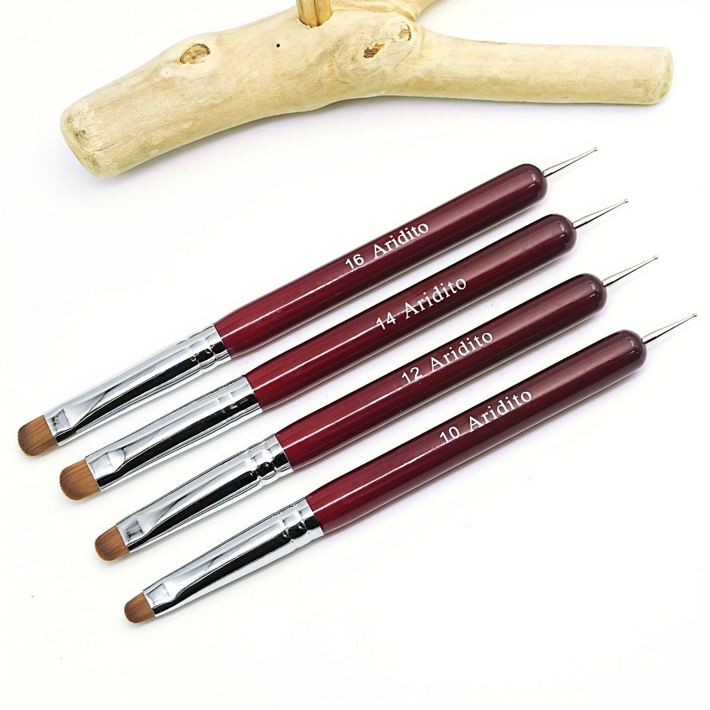 Acrylic Nail Art Brushes Set 4pcs with Dotting Pens – Red Wood Handle Precision Tips #10 #12 #14 #16 for French Manicure Nail