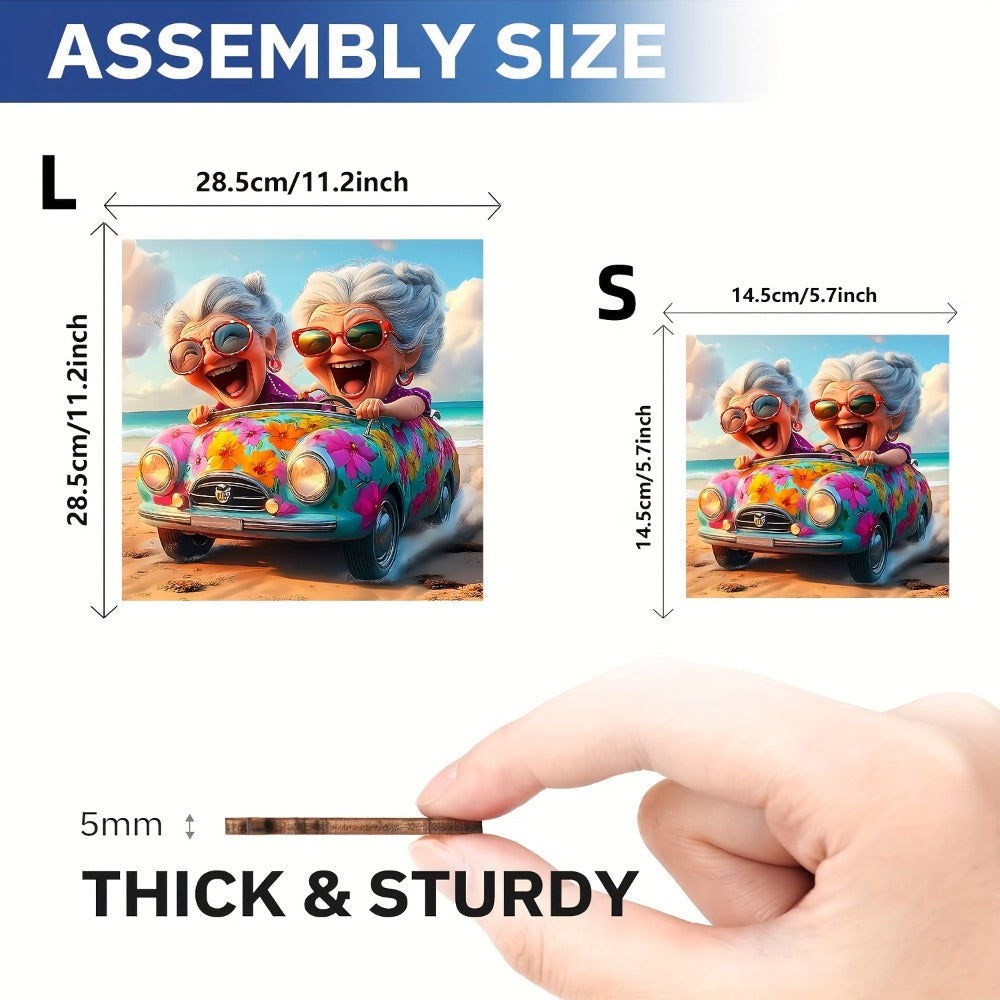 Happy Old Lady Wooden Jigsaw Puzzle with Irregular Pieces and 5.7 or 11.2 Inch Checkout Size Options — image 2