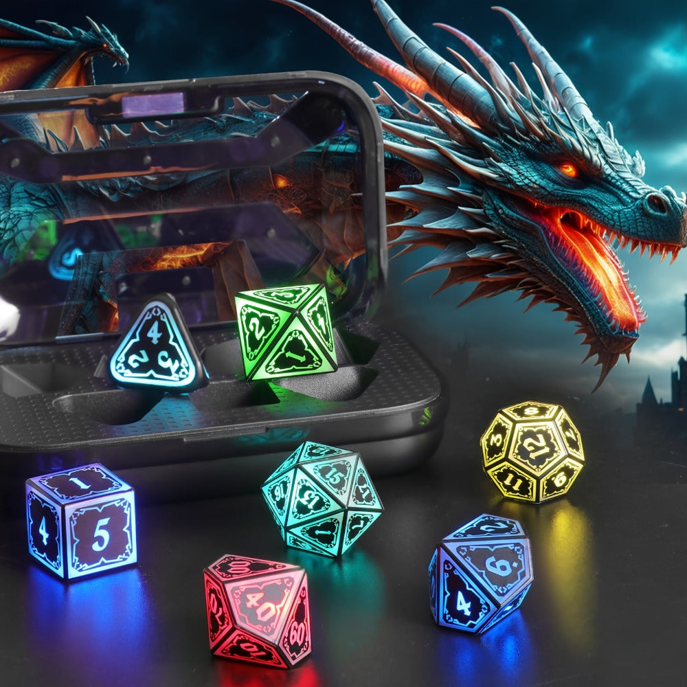 RGB LED DND Dice Set Rechargeable 7pcs, Illuminated Polyhedral Dice with Type-C Charging Case for D&D RPG Tabletop Games — im