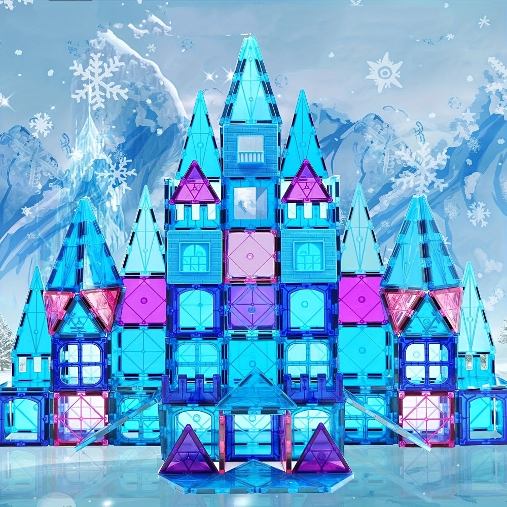 32-Piece Blue and Purple Magnetic Tile Castle Set with Squares, Triangles and Window Pieces — image 2