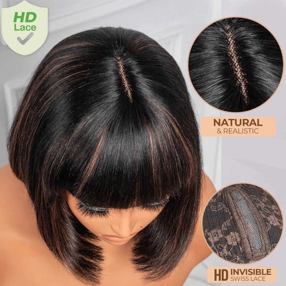 Straight Bob Wig with Bangs Human Hair 3x1 Lace Part Pre-Plucked Glueless Brazilian Short Bob 150 Density 1B/30 Highlight Nat