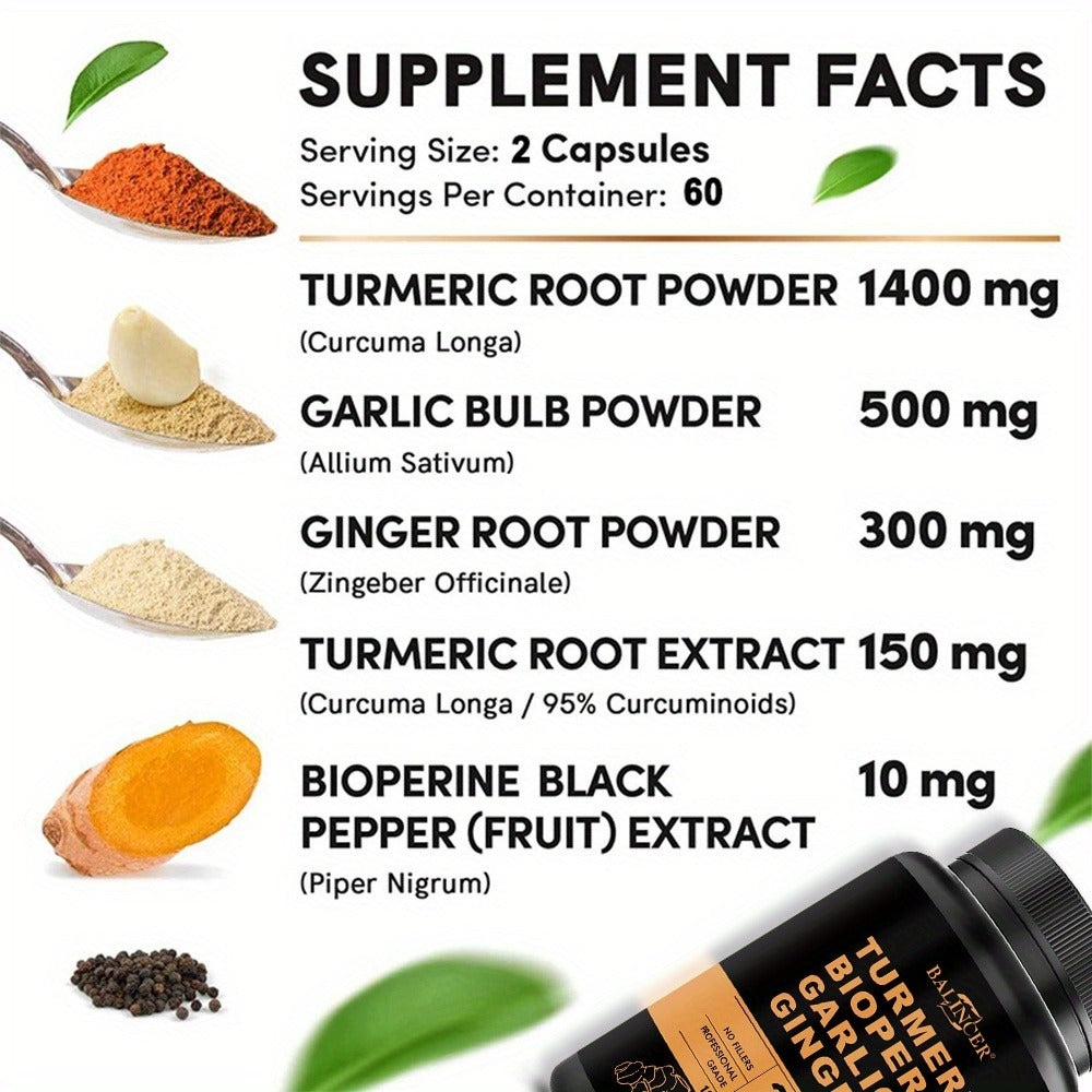 Herbal Supplement with BALINCER Label, Turmeric Bioperine Garlic Ginger 2360mg per Serving, 120 Capsules — image 3