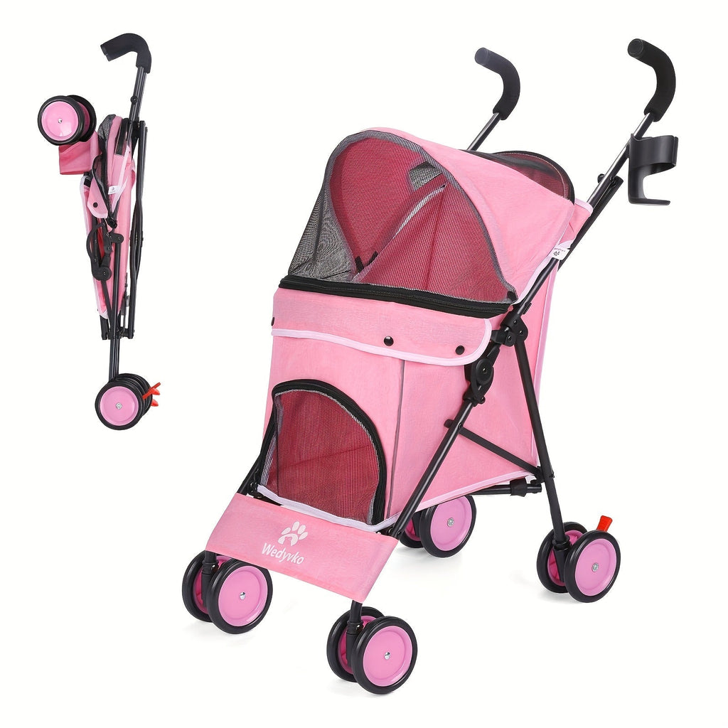 Compact Four-Wheel Pet Stroller with Dual Handles, Mesh Canopy, Lower Basket and Five Color Options — image 1