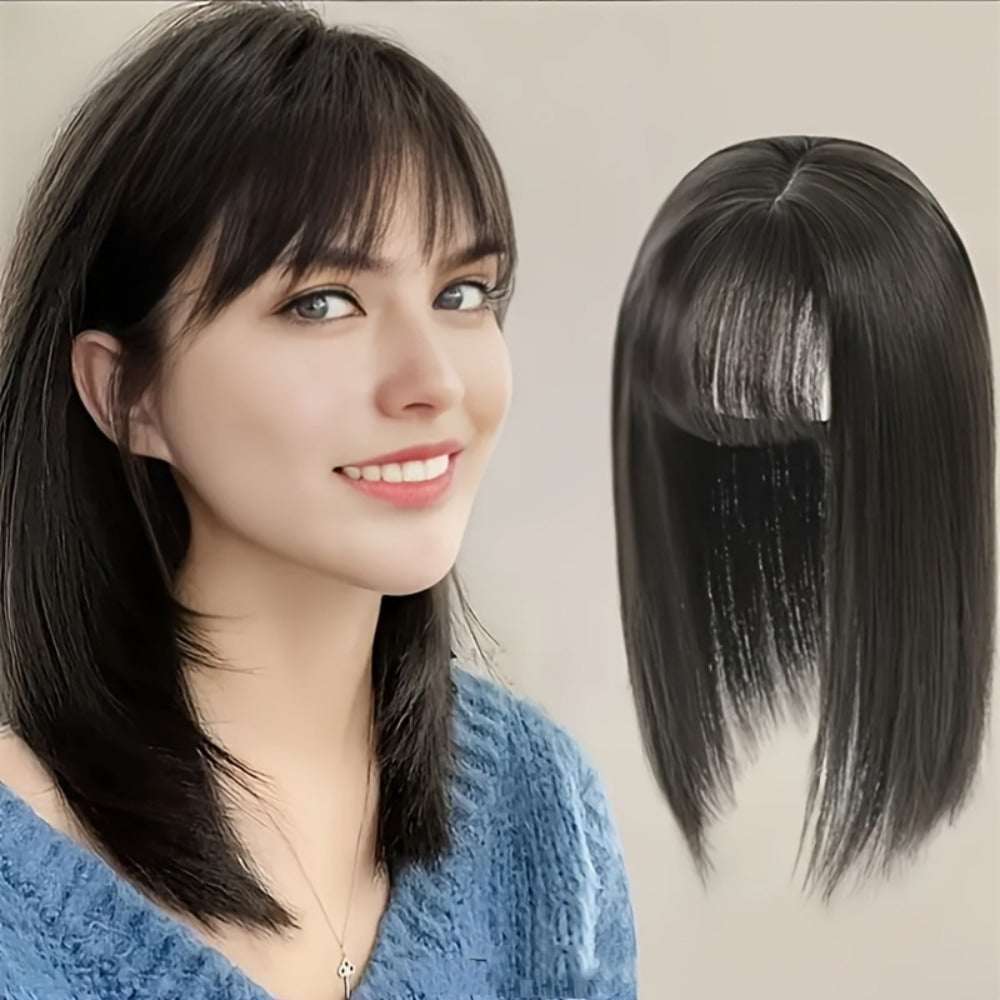 Hair Topper with Bangs for Women Thinning Hair Crown Coverage 10 Inch Lightweight Clip In Top Wig Volume Boost Black Dark Bro