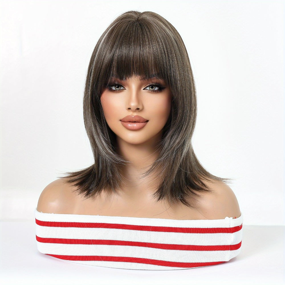 Synthetic Wig 14-Inch Layered Brown Highlight Ombre with Bangs and Rose Net Cap with Item-Specific Color, Length, Texture and