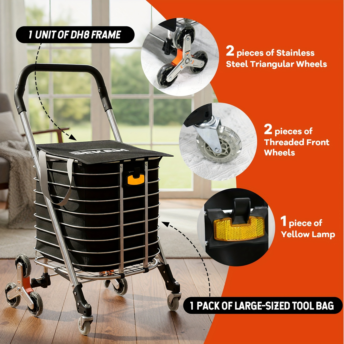 Stair Climbing Cart Collapsible Shopping Trolley with Swivel Wheels & Night Light, for Garden, Patio and Yard Use — image 8