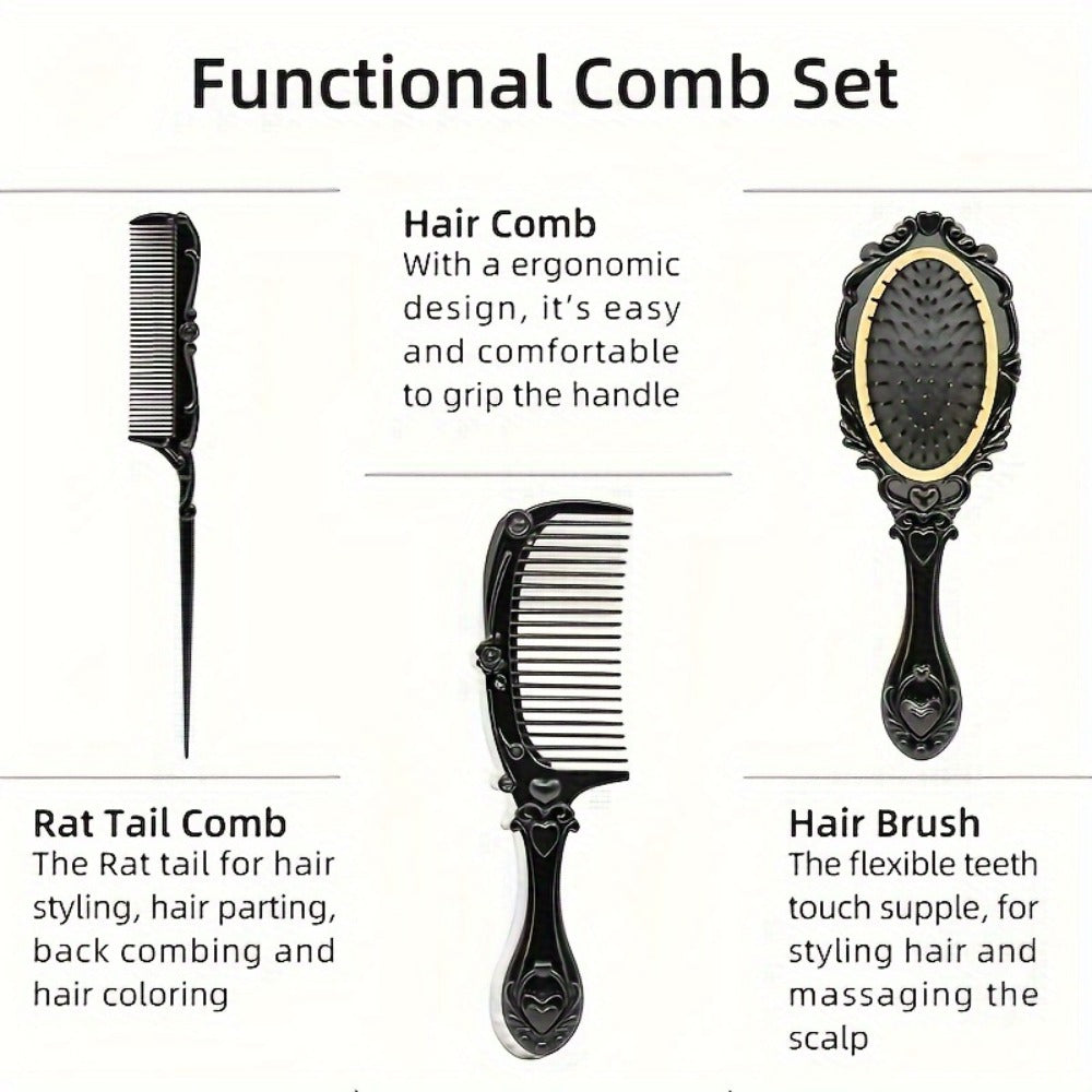 Retro Hair Comb Set with Mirror Scalp Massage Hairbrush Pocket Mirror Vintage Vanity Brush Set for Women Girls Travel Daily G