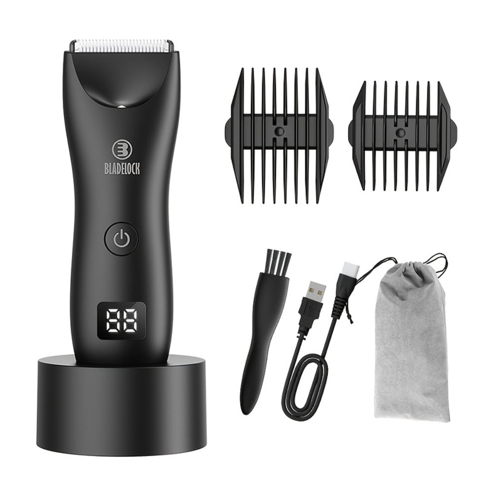 Manscaping Trimmer for Men IPX7 Waterproof Electric Groin and Ball Trimmer Ceramic Blades LCD Battery Display Replaceable Hea